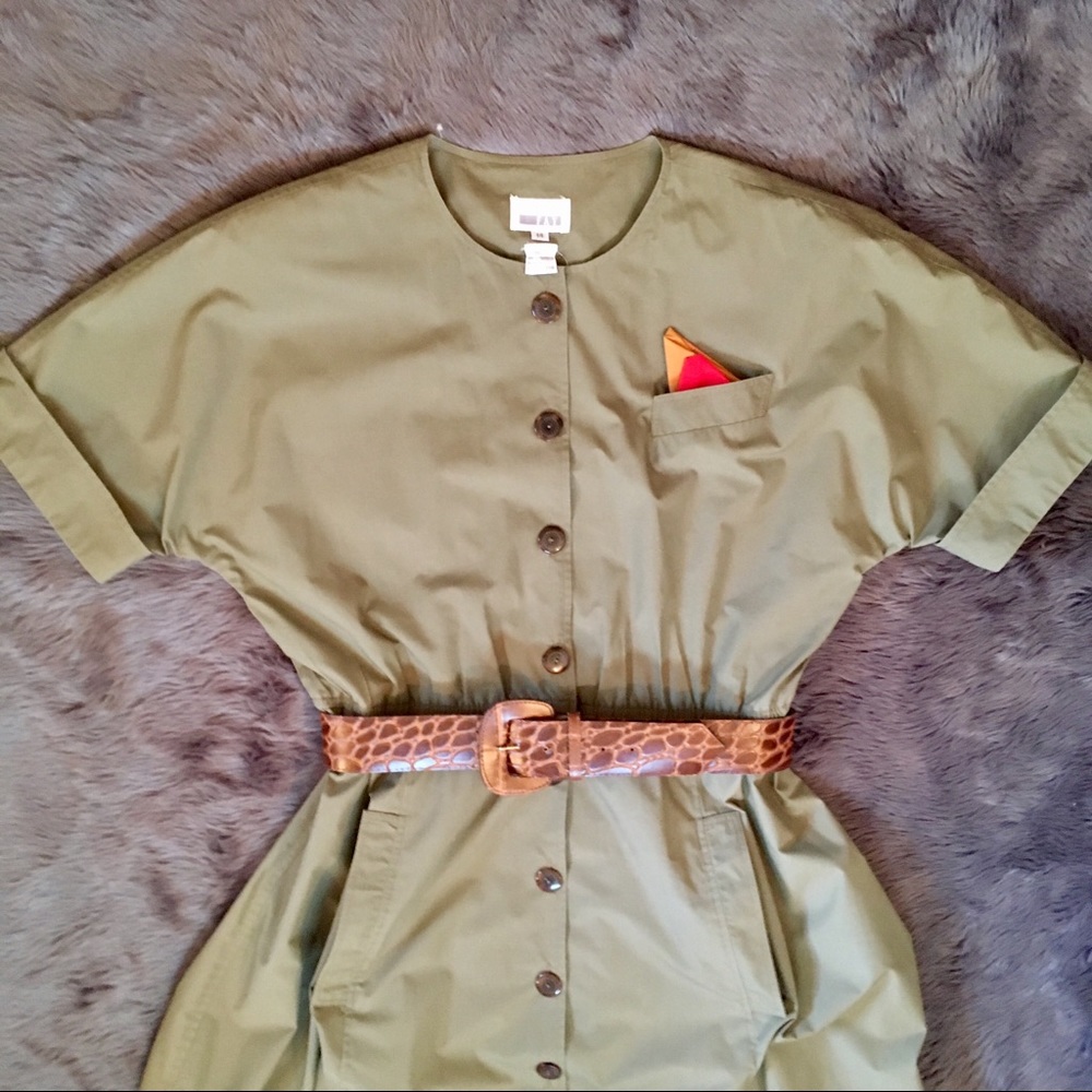 VTG LESLIE FAY Dress Green 14 Pockets Belt EUC